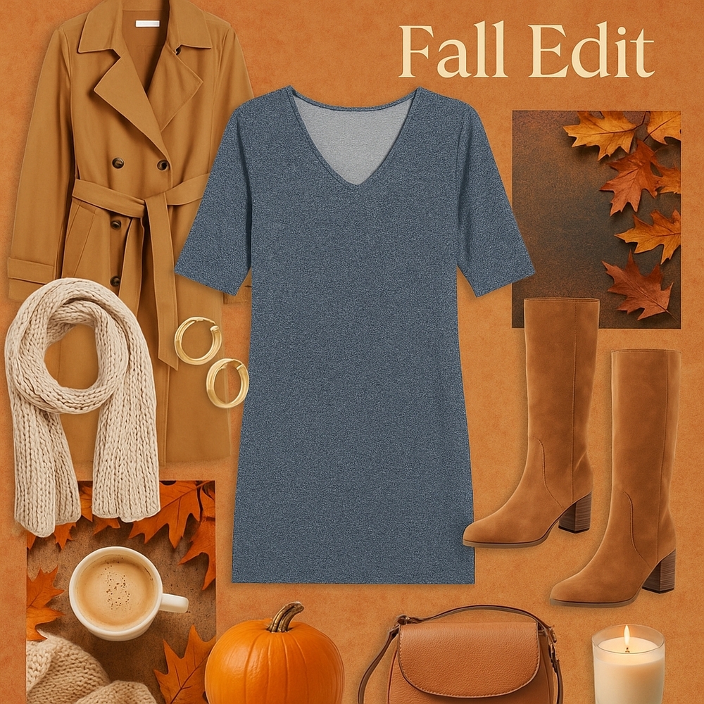 Heather Blue Knit Dress | Cozy Fall Layering | Soft Stretch V-Neck New Sz Small - Picture 2 of 6
